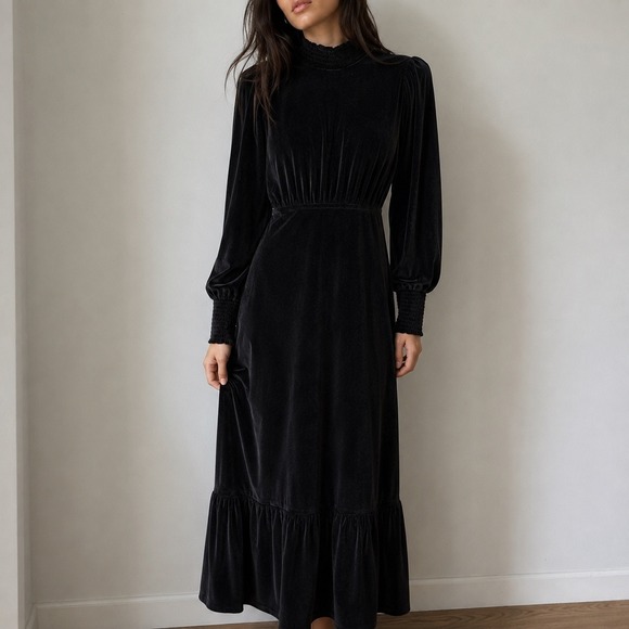 Baltic Born Dresses & Skirts - Baltic Born Black Velvet Maxi Dress Mock Neck Smocked Cuff Small Gothic Witchy